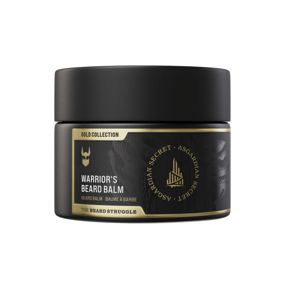 Black jar of Warrior's Beard Balm with gold text on a white background