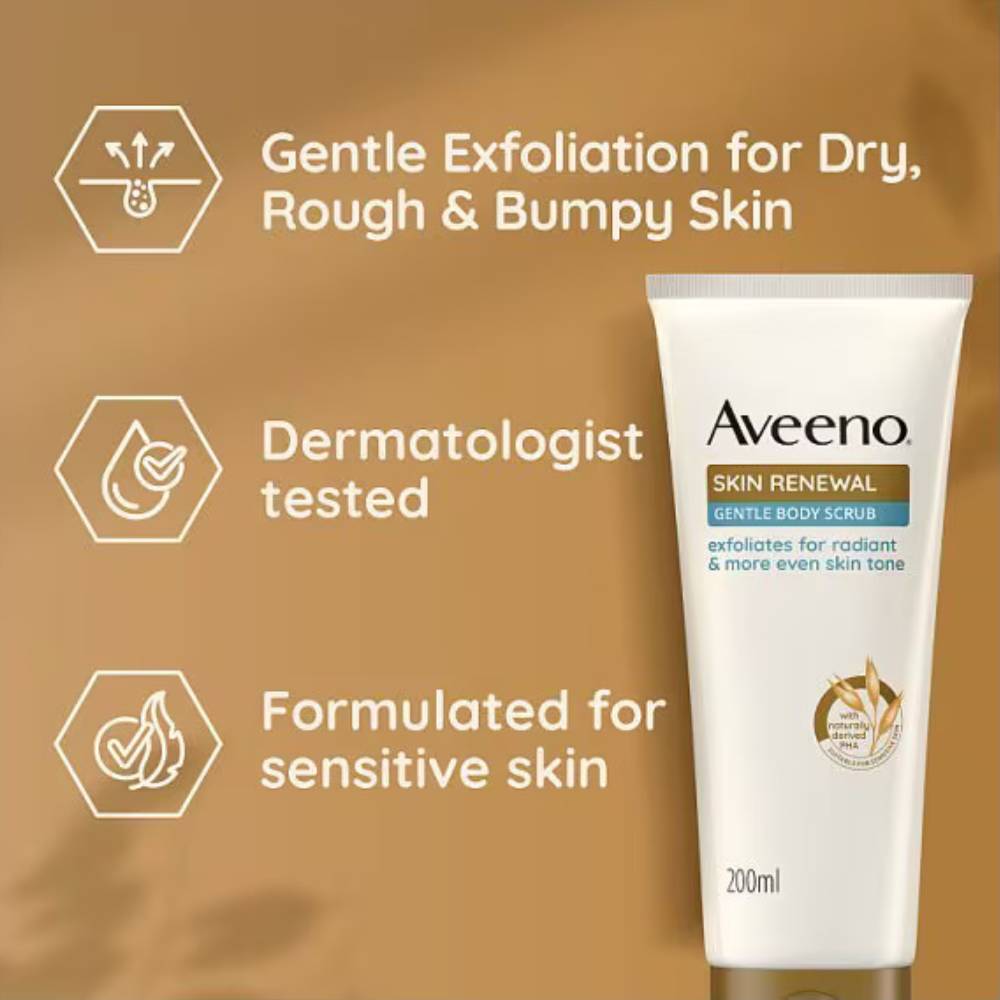 Aveeno Skin Renewal Gentle Body Scrub on a brown background with product features listed.