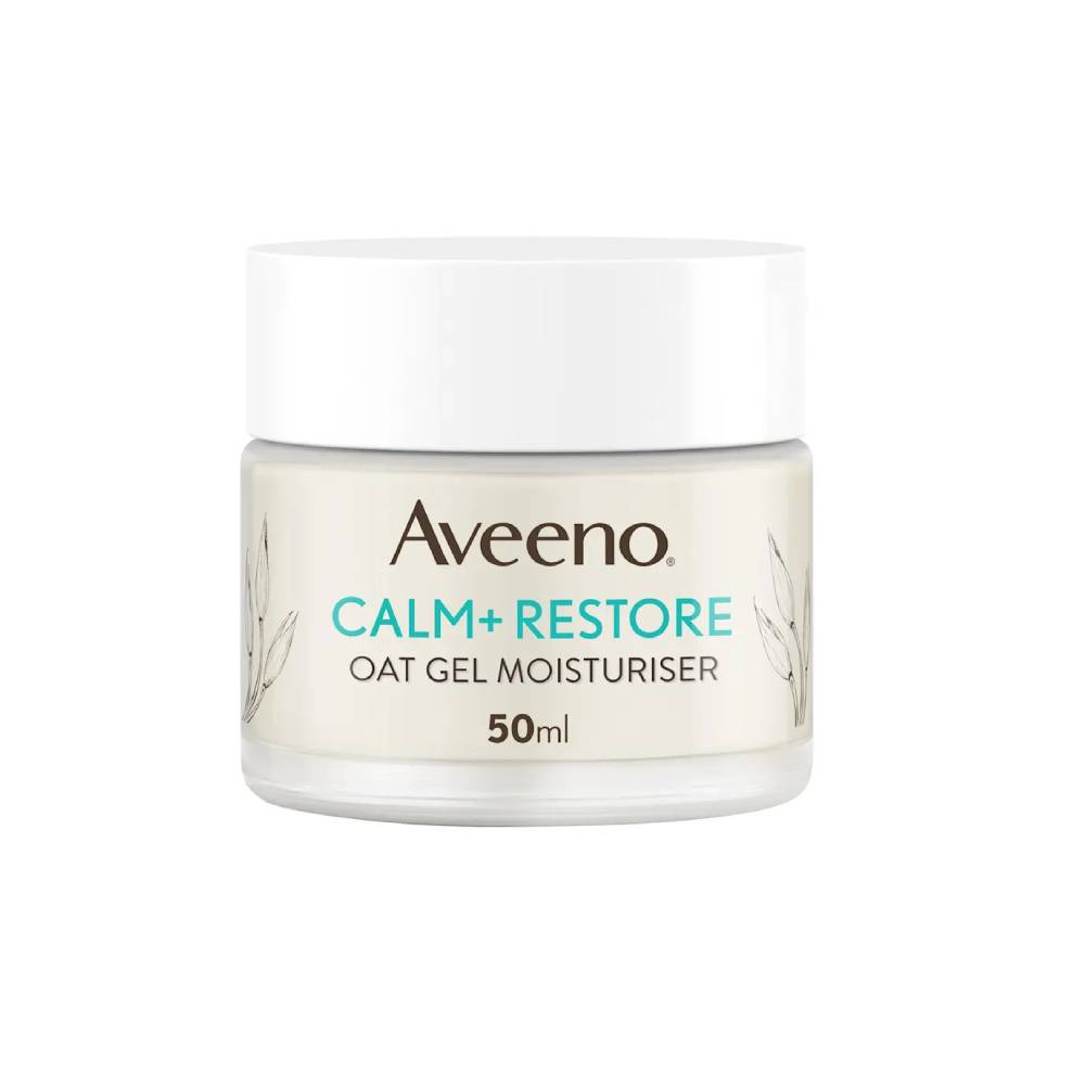 Aveeno Calm + Restore oat gel moisturizer jar on a white background