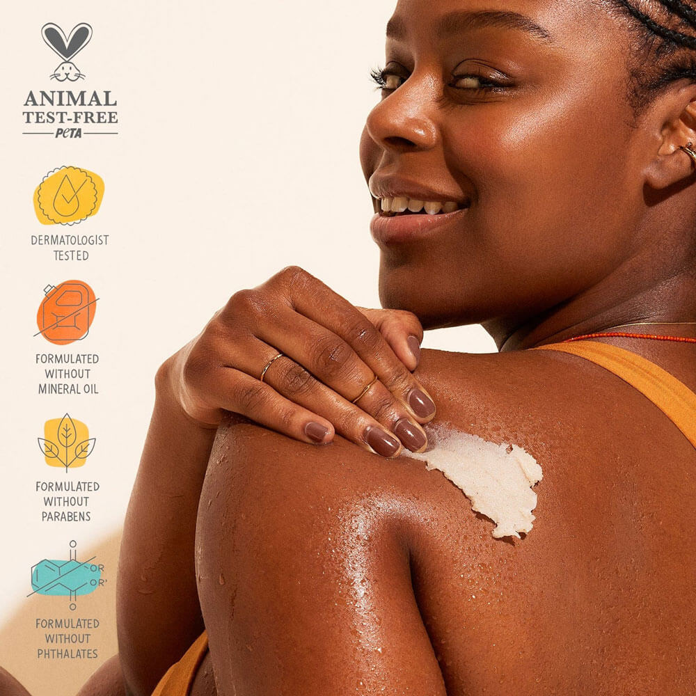 Woman applying sunscreen to her shoulder with PETA certification and product features displayed.