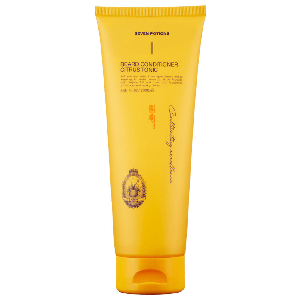 Yellow tube of beard conditioner with branding on a white background