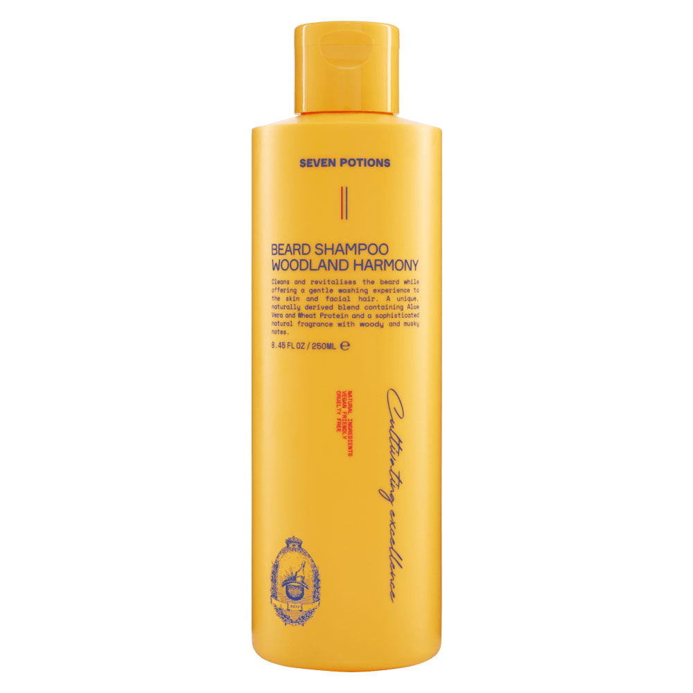 Yellow bottle of Seven Potions Woodland Harmony beard shampoo on a white background