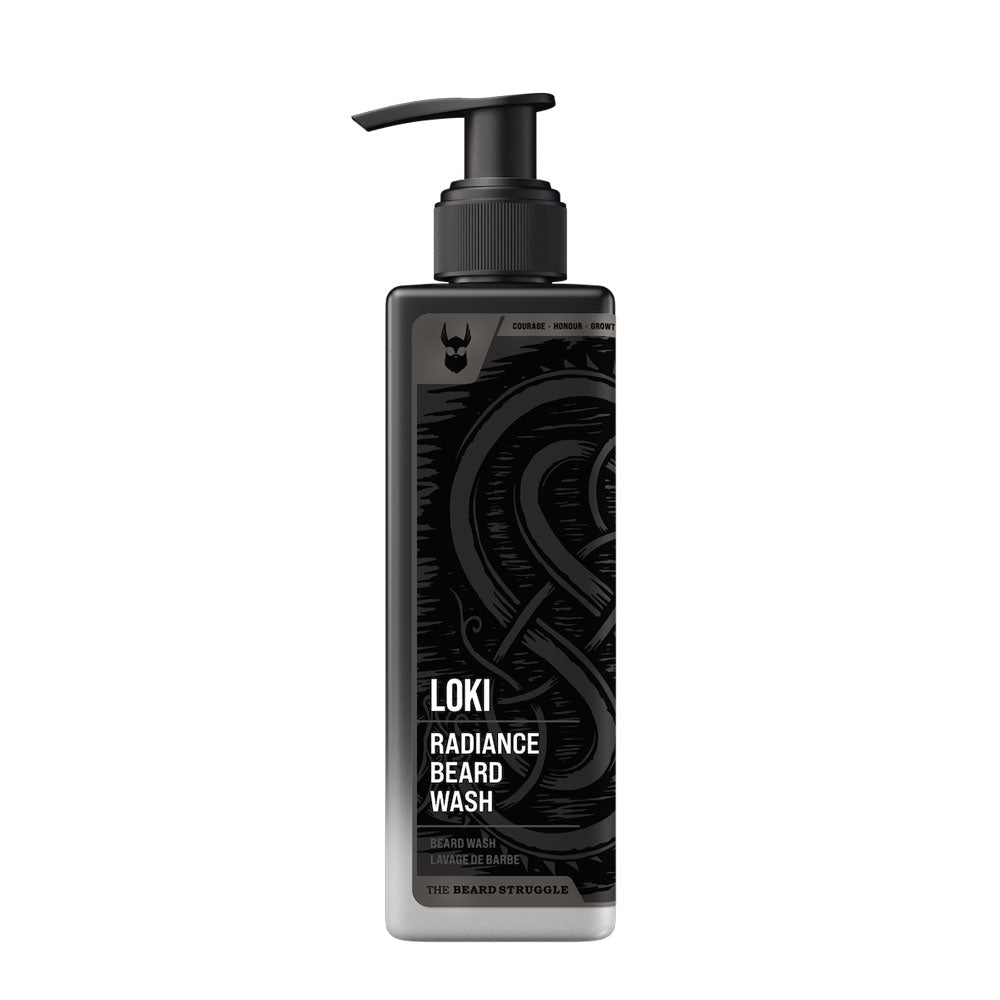 Bottle of Loki Radiance Beard Wash on a white background