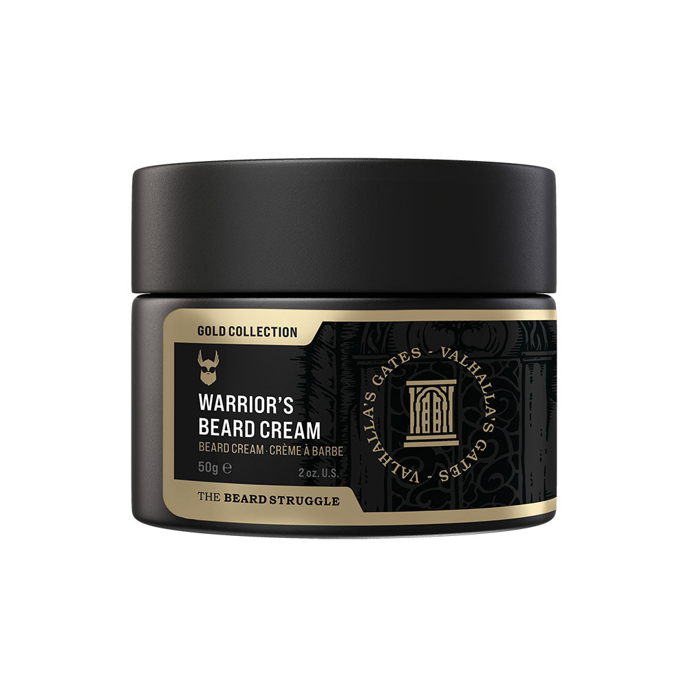 Warrior's Beard Cream jar with black and gold design on a white background