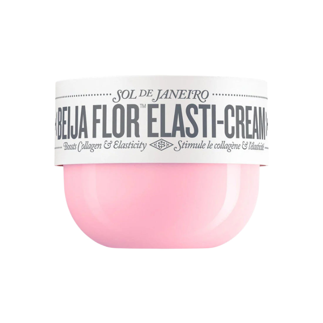 Pink jar of Sol de Janeiro Beléja Flor Elasti-Cream on a white background