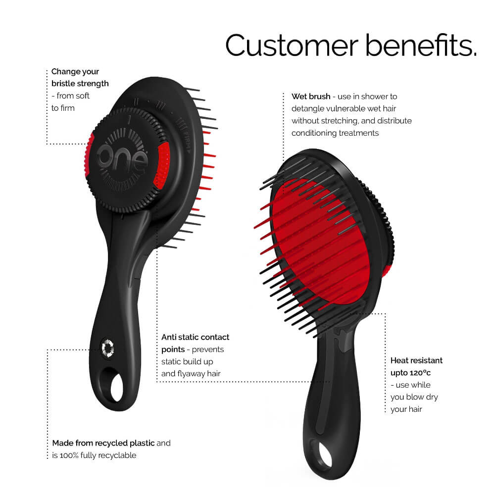 Two hairbrushes with red bristle heads on a white background, featuring text about customer benefits.
