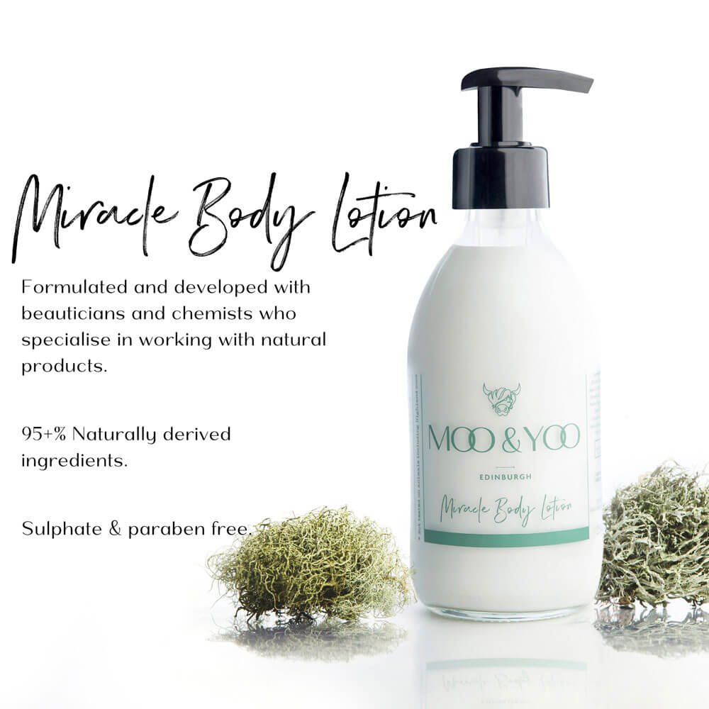 Miracle Body Lotion bottle with text about natural ingredients and benefits on a white background