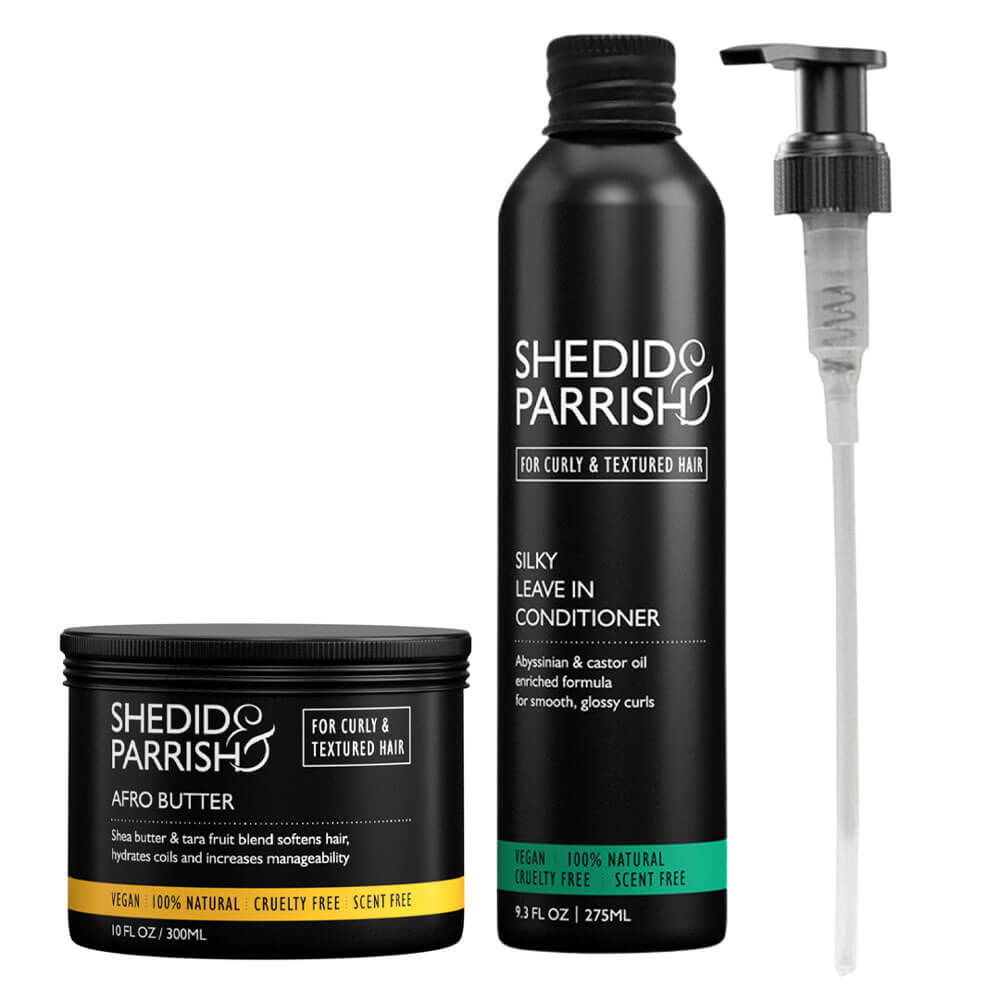 Shedid & Parrish hair care products including a jar and a bottle on a white background