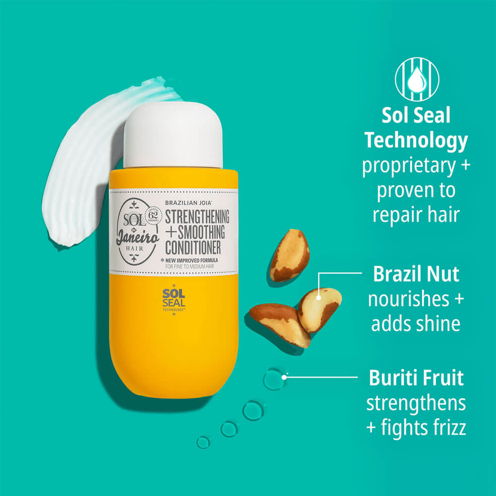 Yellow bottle of Sol & Janeiro hair conditioner with ingredients on a teal background