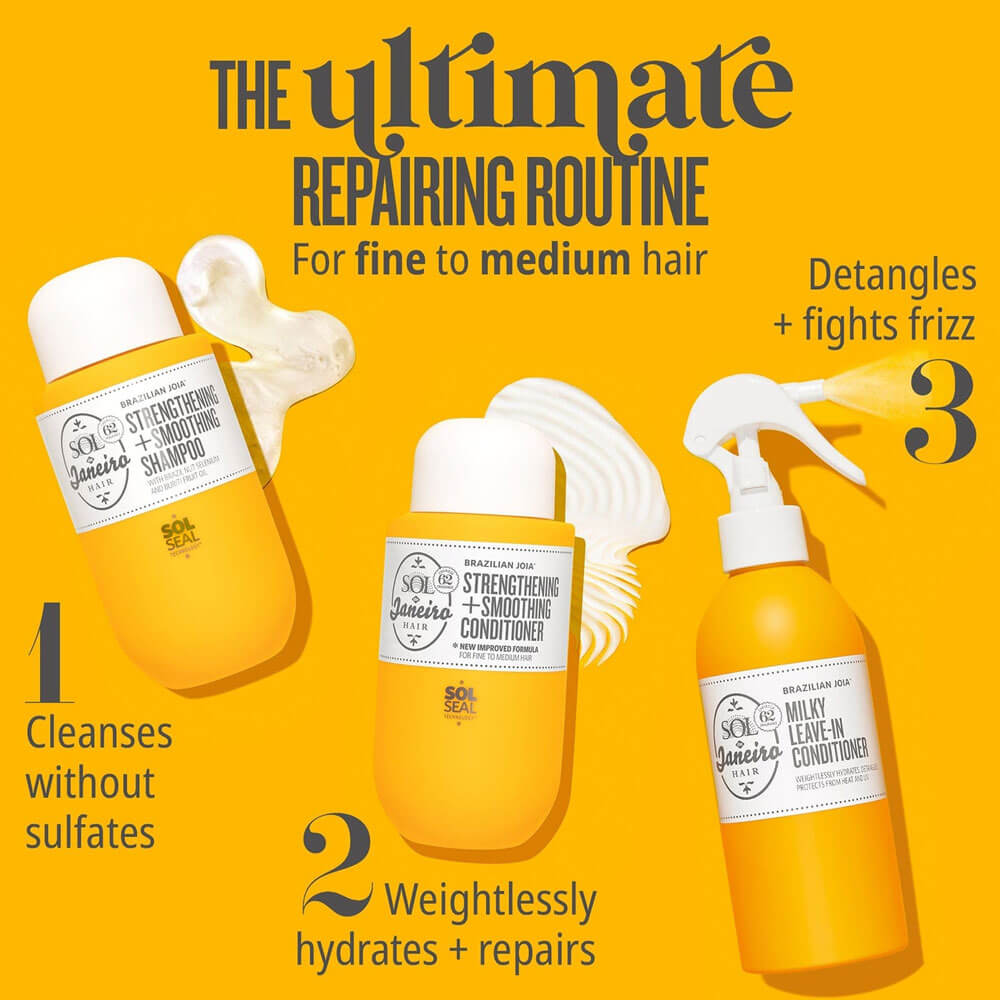 Three hair care products with labels on a yellow background