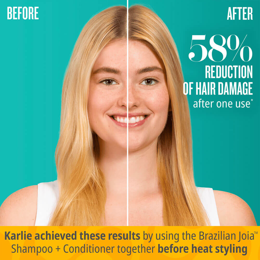 Before and after comparison of a woman's hair with text about hair damage reduction using Brazilian Joia products.