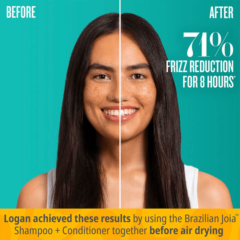 Before and after comparison of a woman's hair with text about frizz reduction using Brazilian Joia products.