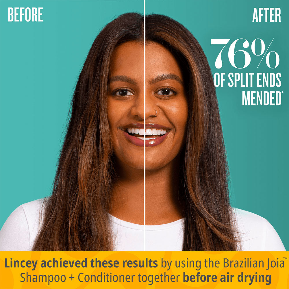 Before and after comparison of a woman's hair with text about hair mending results using Brazilian Joia products.