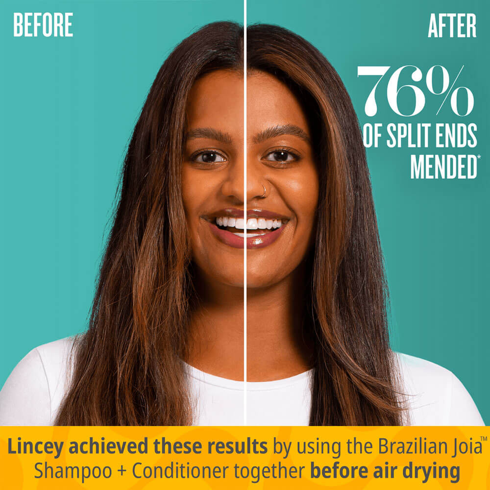 Before and after comparison of a woman's hair with text about hair mending and product usage.