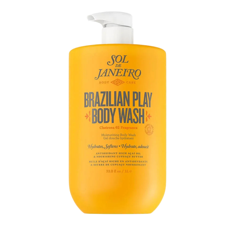 Yellow bottle of Sol de Janeiro Brazilian Play Body Wash on a white background