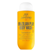 Yellow bottle of Sol de Janeiro Brazilian Play Body Wash on a white background