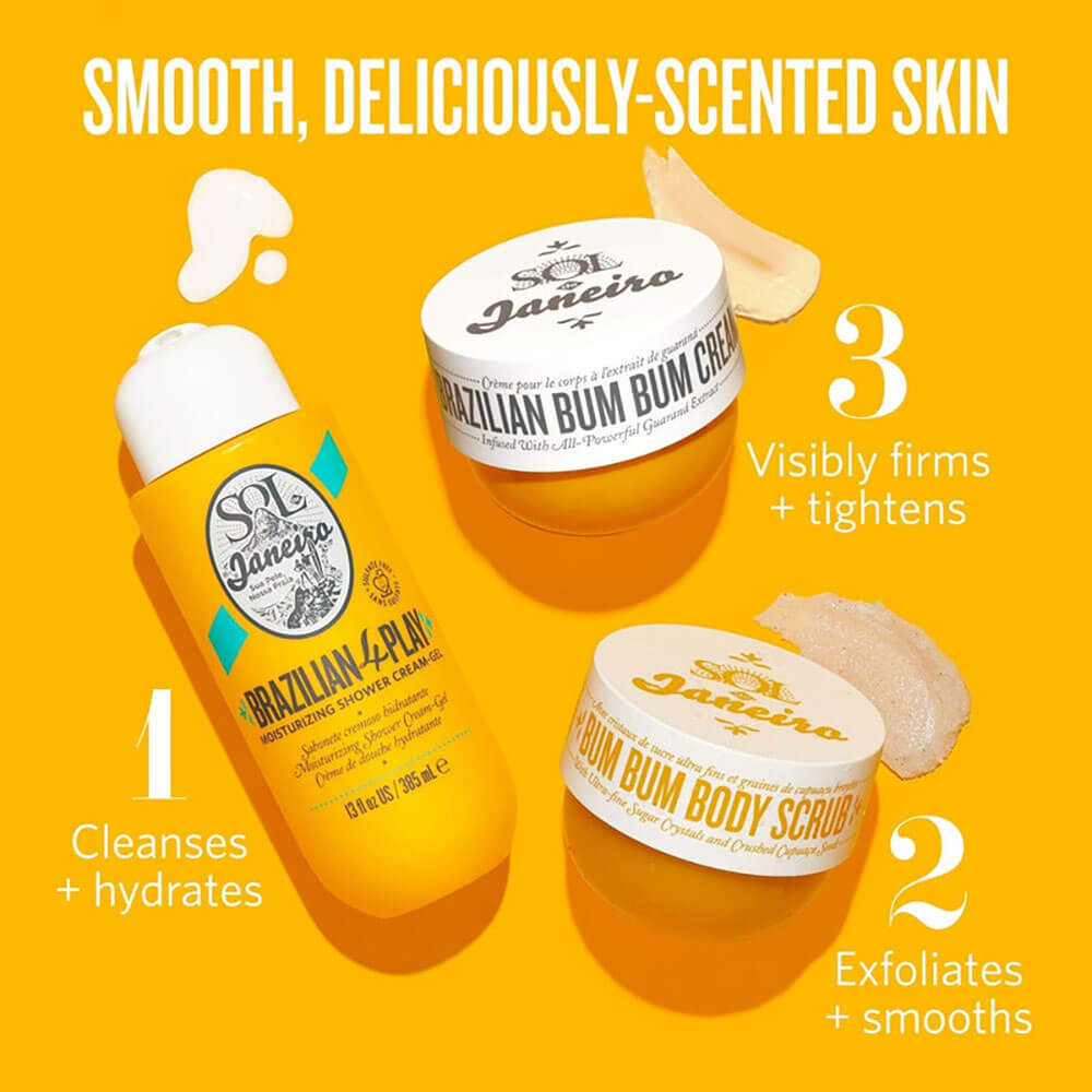 São Paulo skincare products on a yellow background with text highlighting benefits.