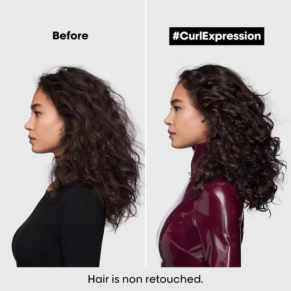 Before and after comparison of a woman's hair with '#CurlExpression' text.