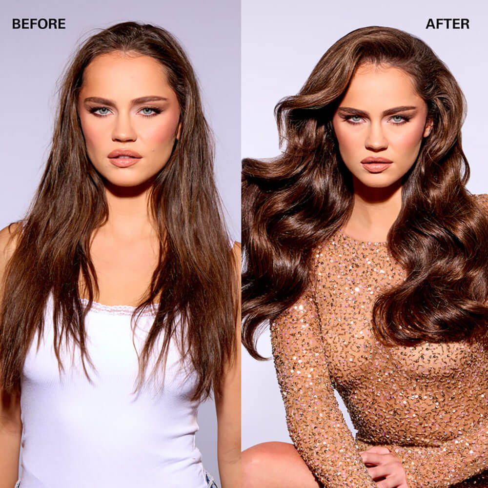 Before and after comparison of a woman with styled hair.