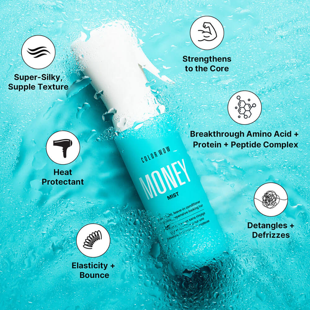 Color Wow Money Mist bottle with text highlighting product features on a blue background
