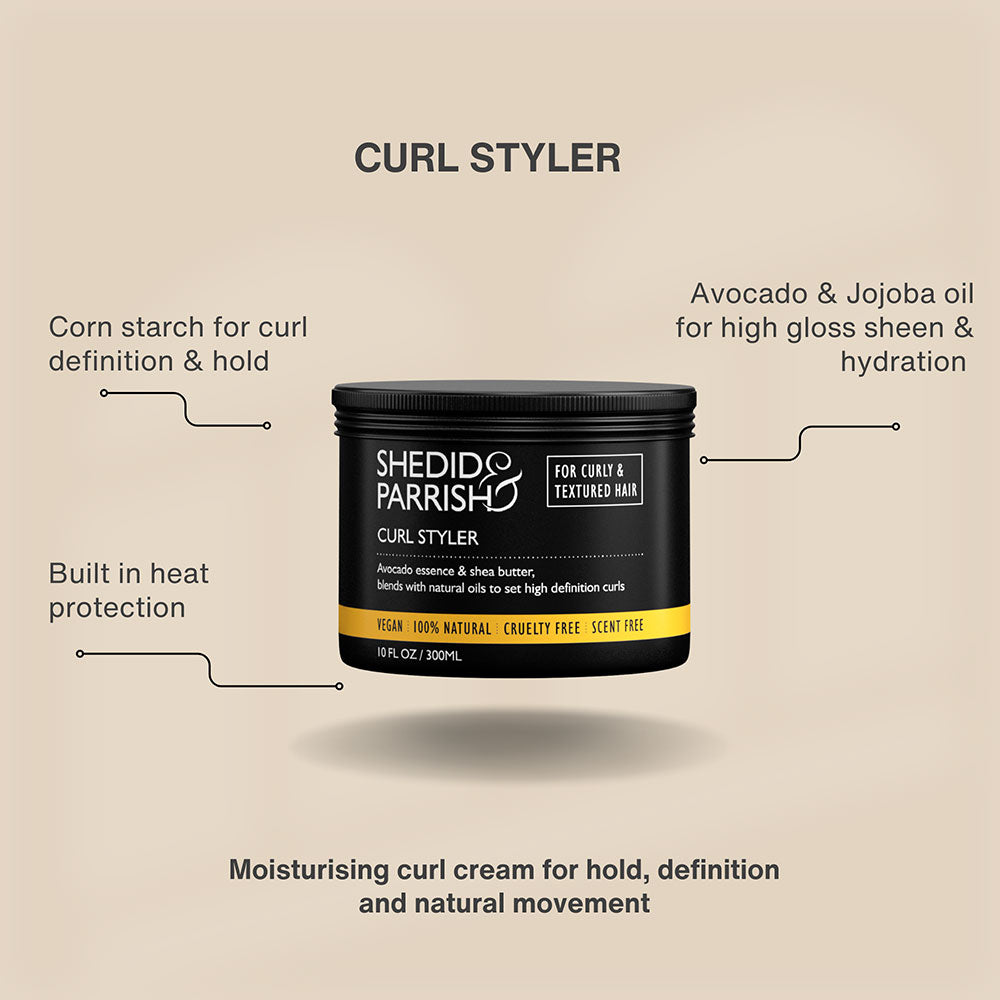 Shedido Parrish Curl Styler jar with features listed on a beige background