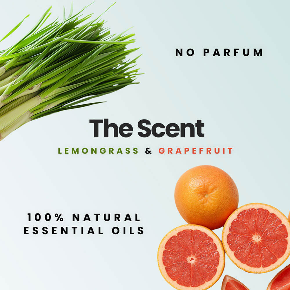 Advertisement for 'The Scent' with lemongrass and grapefruit, labeled as no parfum and 100% natural essential oils.
