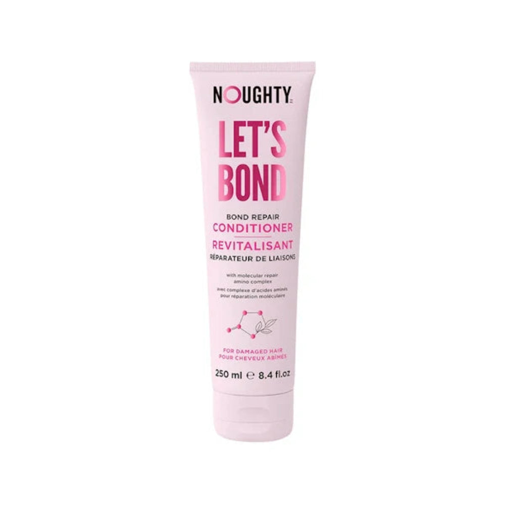 Pink conditioner bottle labeled 'Noughty Let's Bond' on a white background