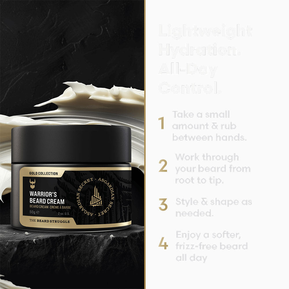 Warrior's Beard Cream jar with application instructions on a black and white background