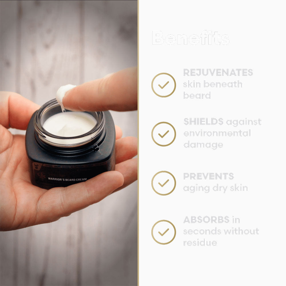 Hand applying cream to a jar with text about skincare benefits on a white background