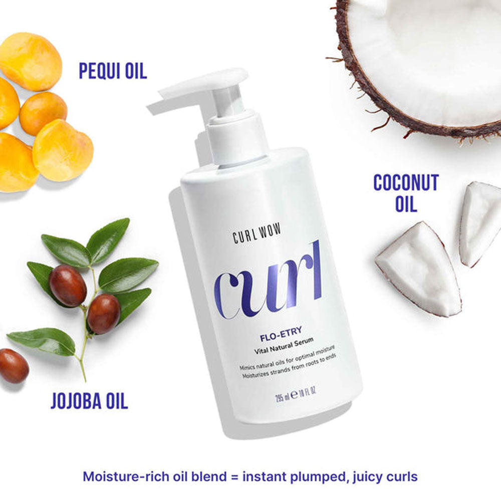 Curl Wow serum bottle with pequi oil, coconut oil, and jojoba oil ingredients displayed around it.