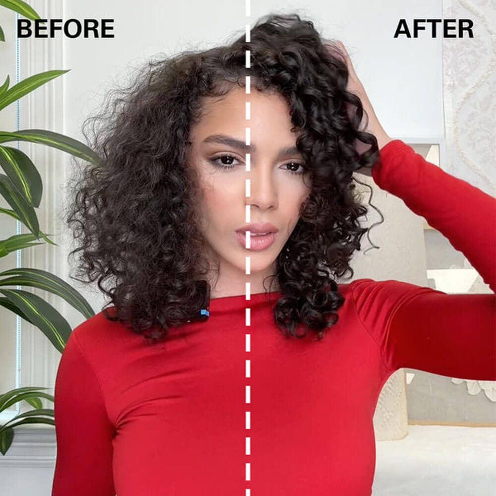 Before and after comparison of a person with curly hair, wearing a red shirt indoors.