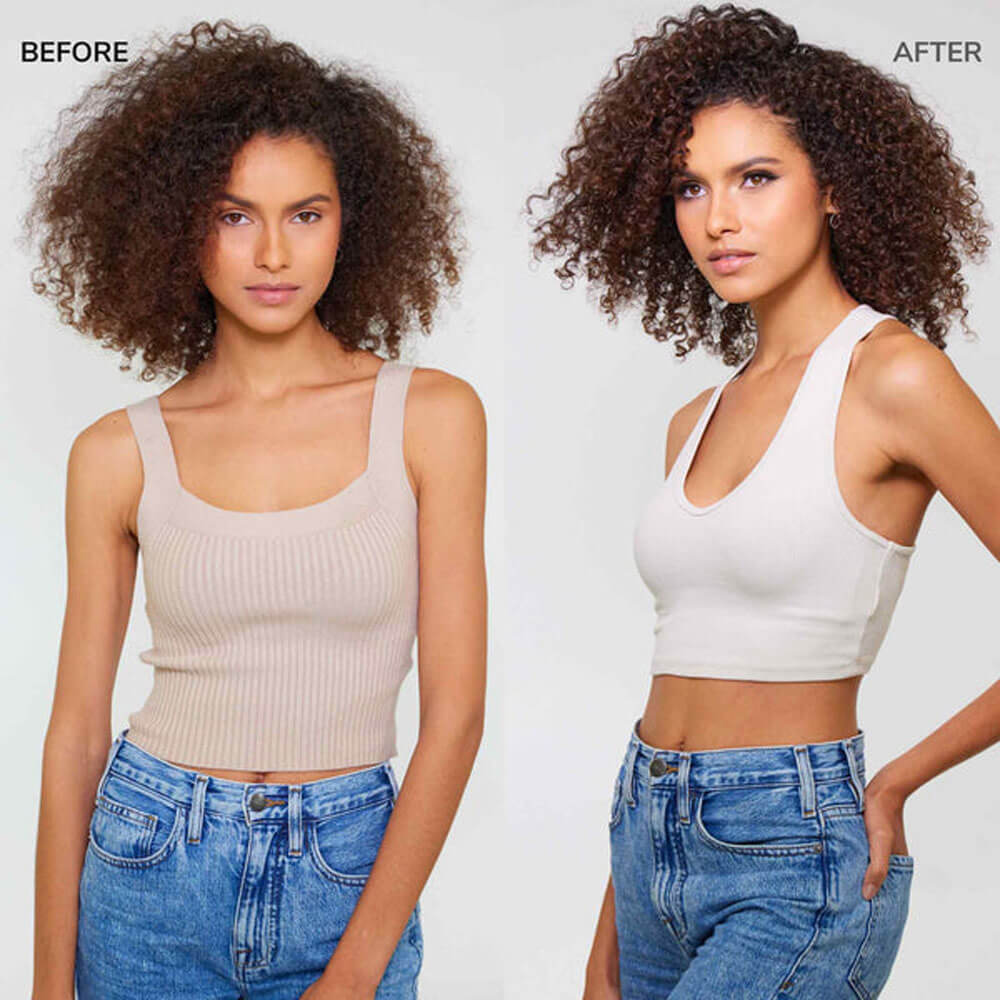 Before and after comparison of a woman wearing a beige tank top and blue jeans.