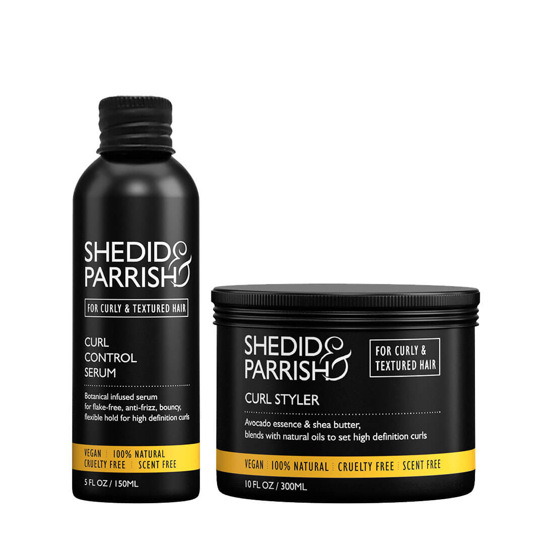 Shedid Parrish Curl Control Serum and Curl Styler on a white background