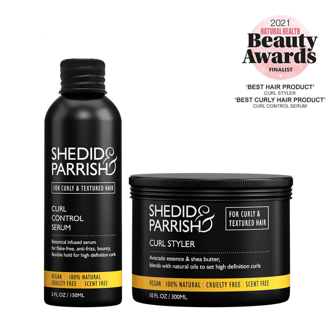 Shedid Parrish curl control serum and styling product with award badge on a white background