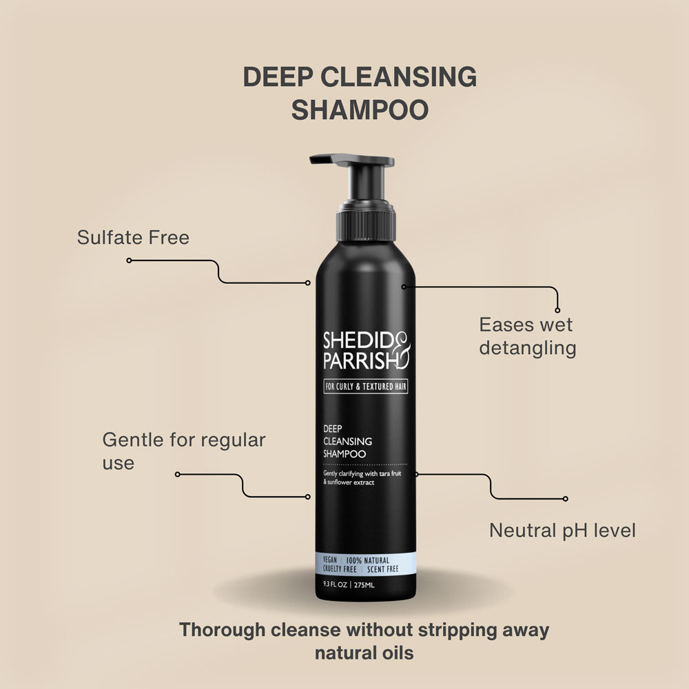 Shedid Parrish deep cleansing shampoo bottle with features listed on a beige background