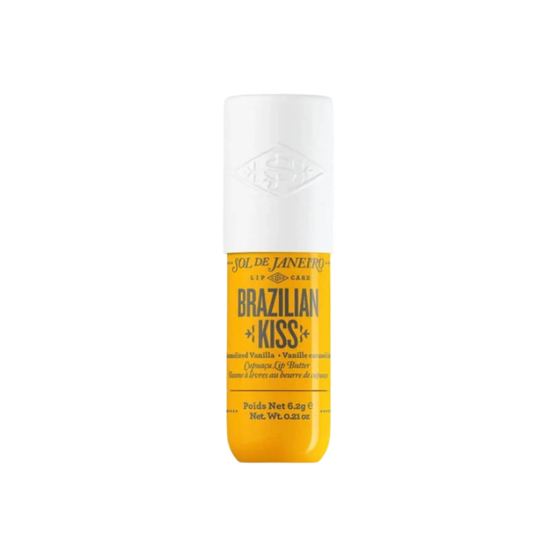 Lip balm container labeled 'Brazilian Kiss' on a white background