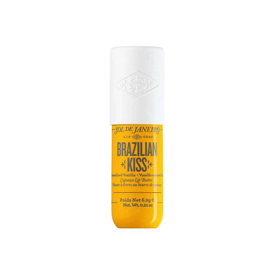 Lip balm container with yellow label on a white background