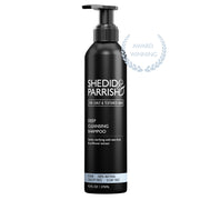 Black shampoo bottle with 'Shedid Parrish' branding on a white background