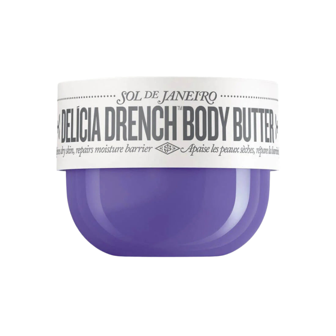 Purple jar of Delicia Drench Body Butter with a white label on a white background