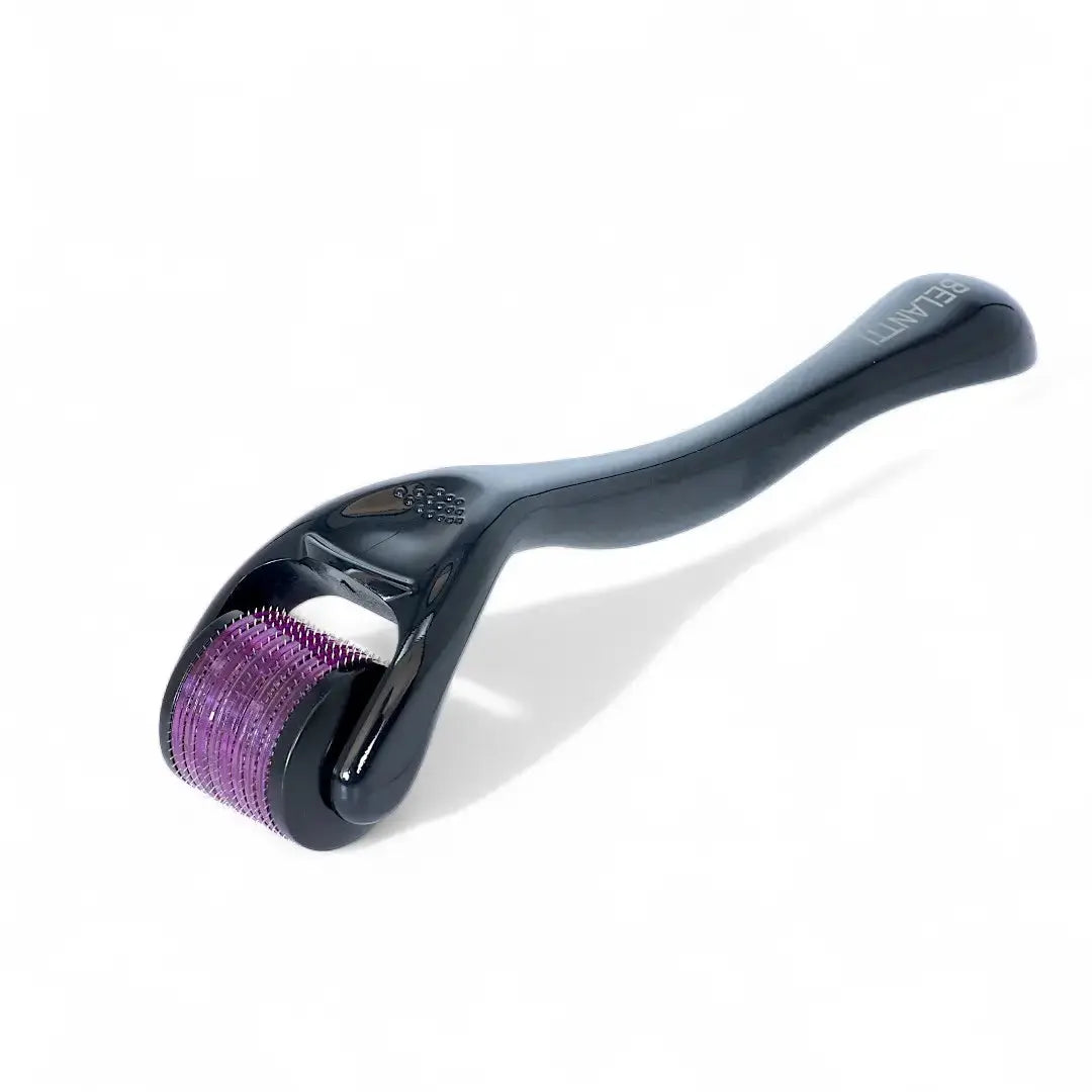 Derma roller with purple metallic head on a white background