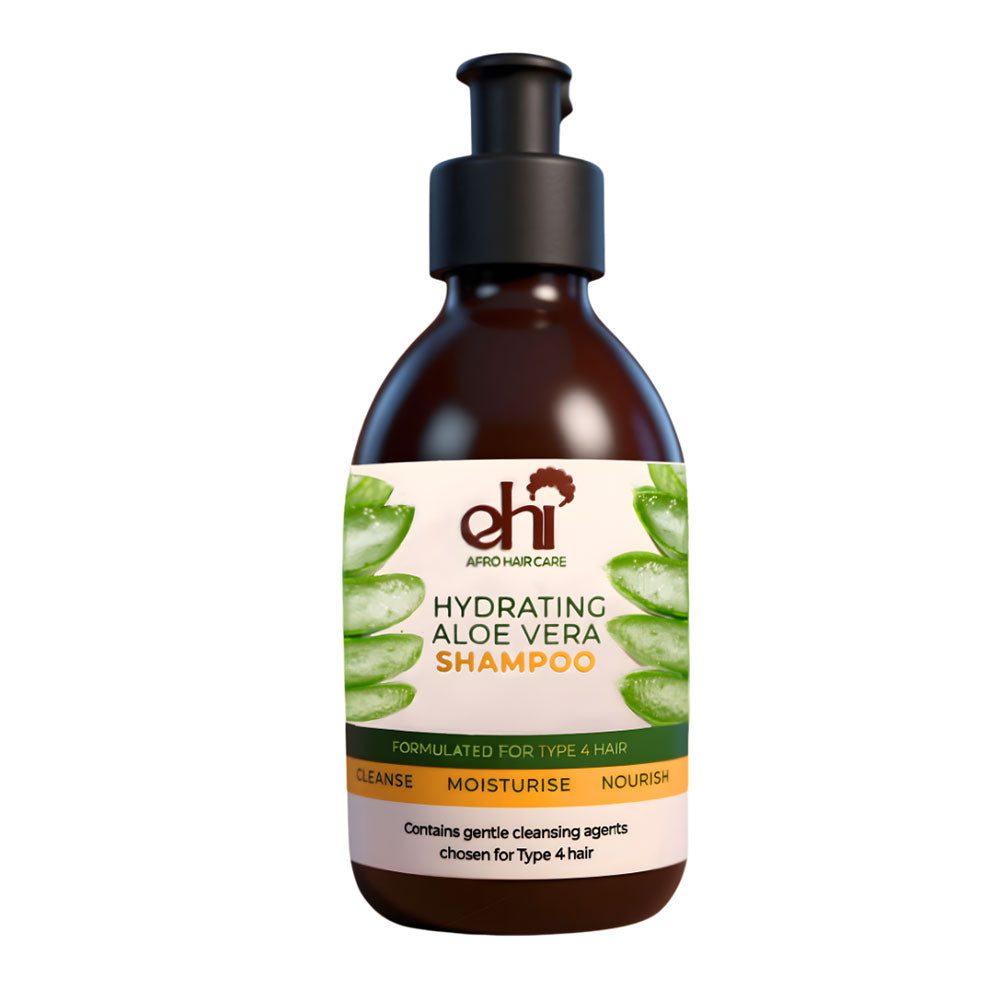 Bottle of EHI Hydrating Aloe Vera Shampoo on a white background