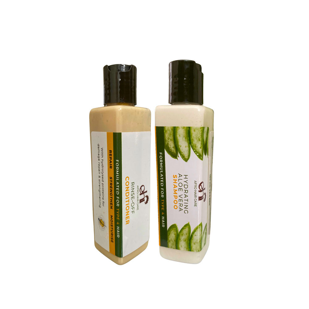 Two bottles of shampoo and conditioner with aloe vera graphics on labels against a white background.