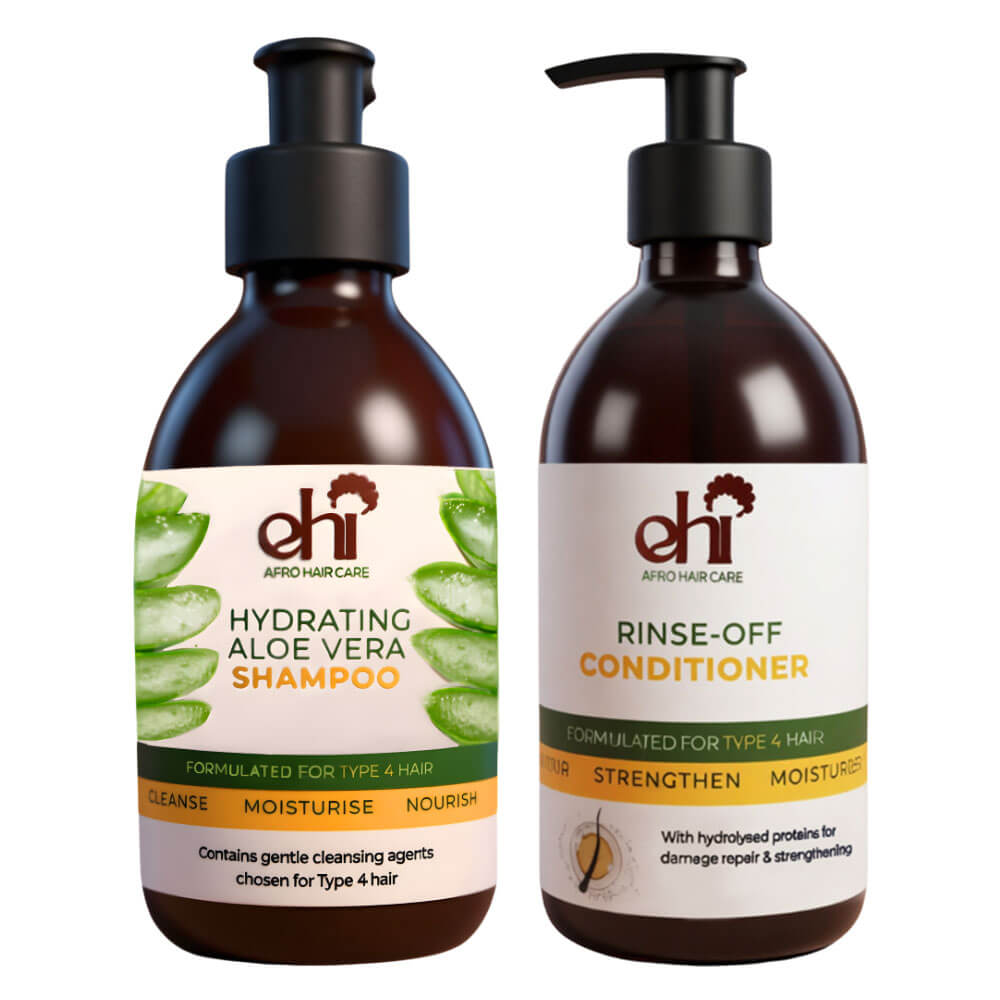 Two bottles of EHI Afro Hair Care shampoo and conditioner on a white background