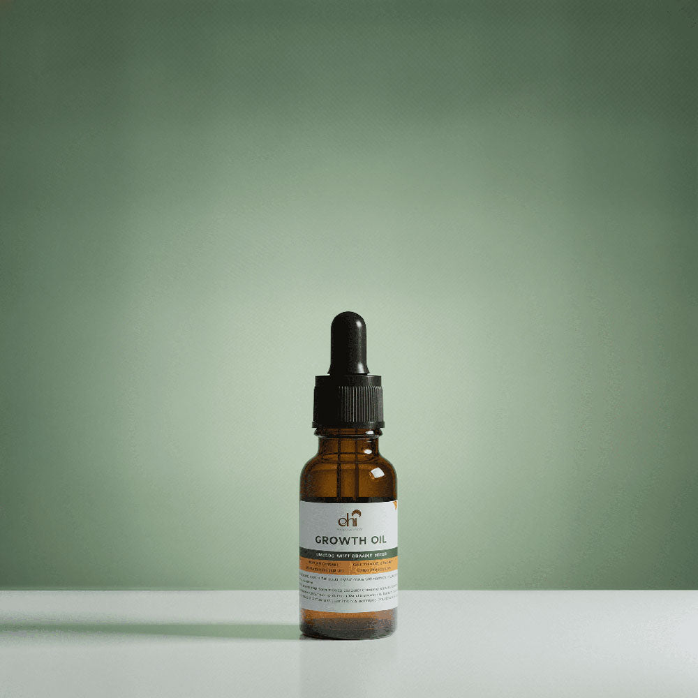 Bottle of growth oil with a dropper on a green background