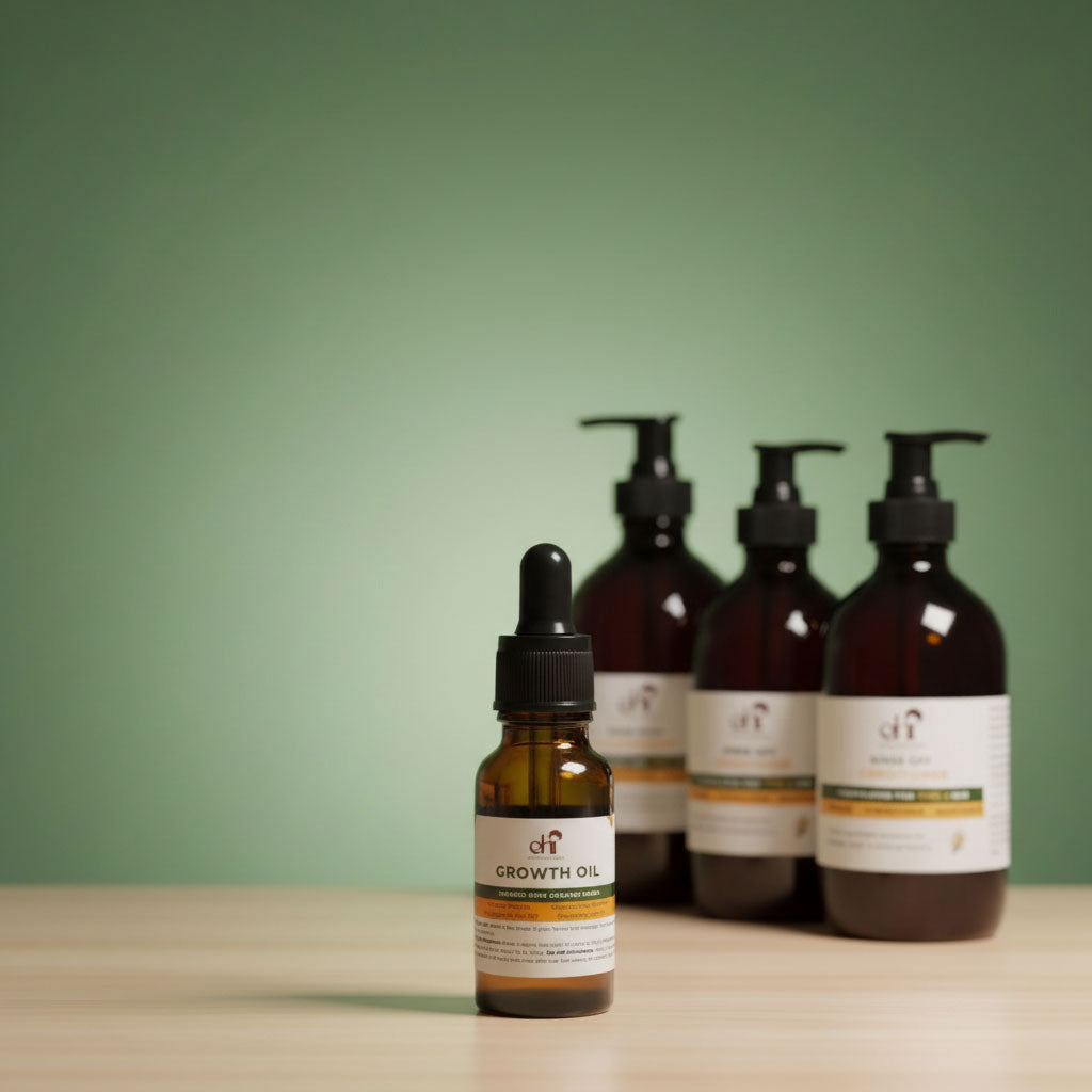 Set of skincare products including bottles and a dropper on a wooden surface with a green background