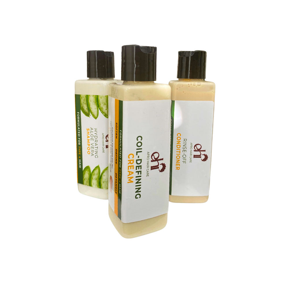 Three hair care products with visible labels on a white background