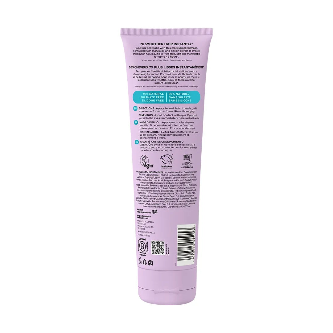 Purple hair product tube with text and a barcode on a white background