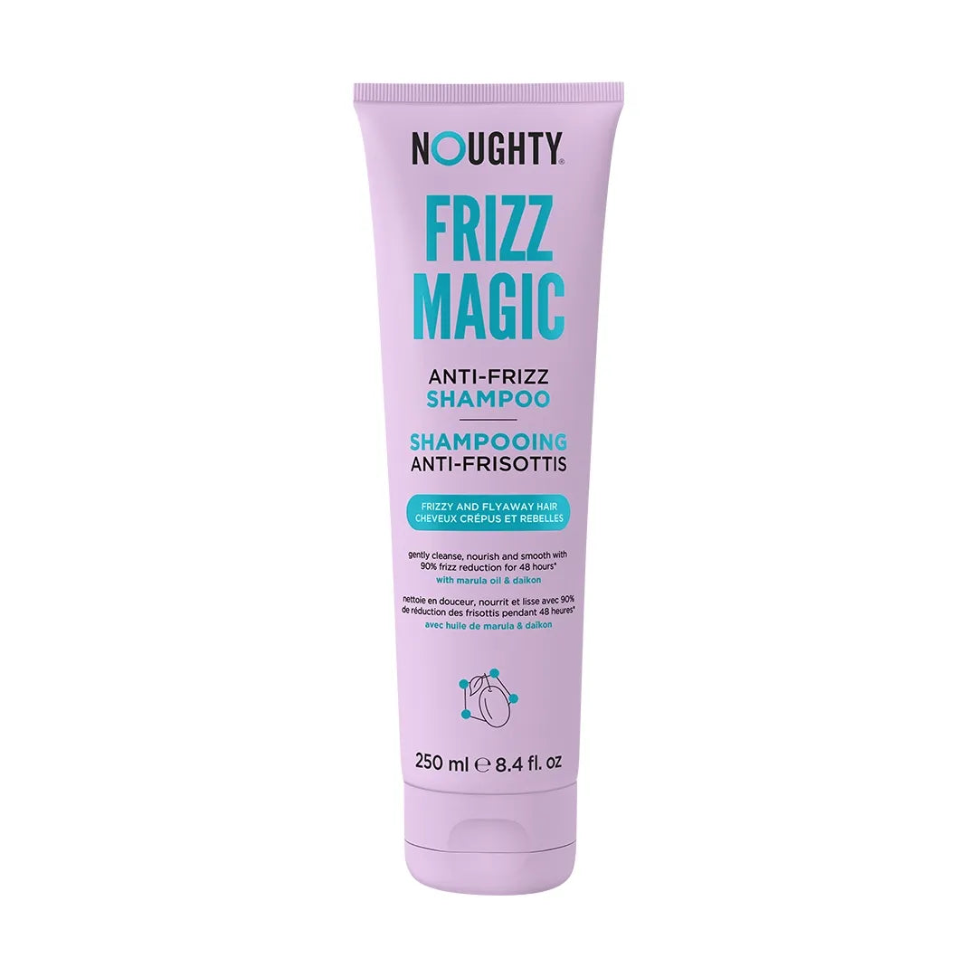 Purple shampoo tube labeled 'Frizz Magic' on a white background