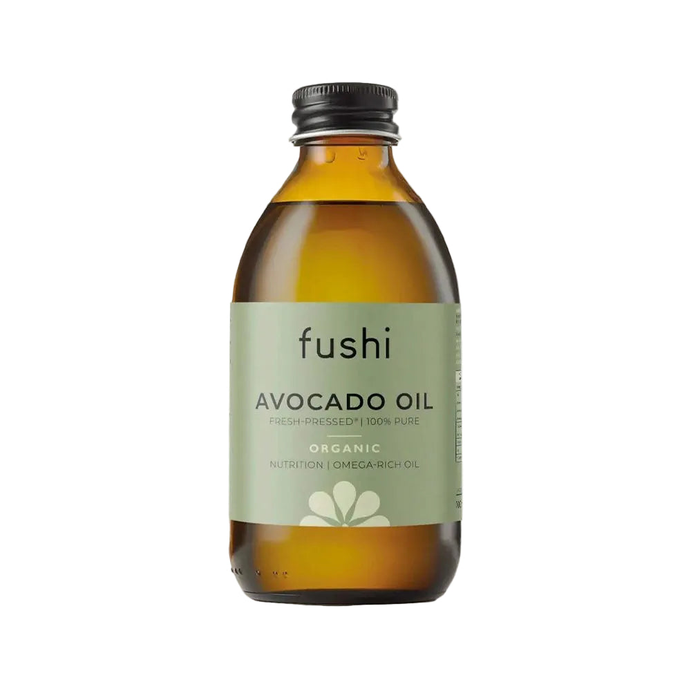Bottle of fushi Avocado Oil on a white background