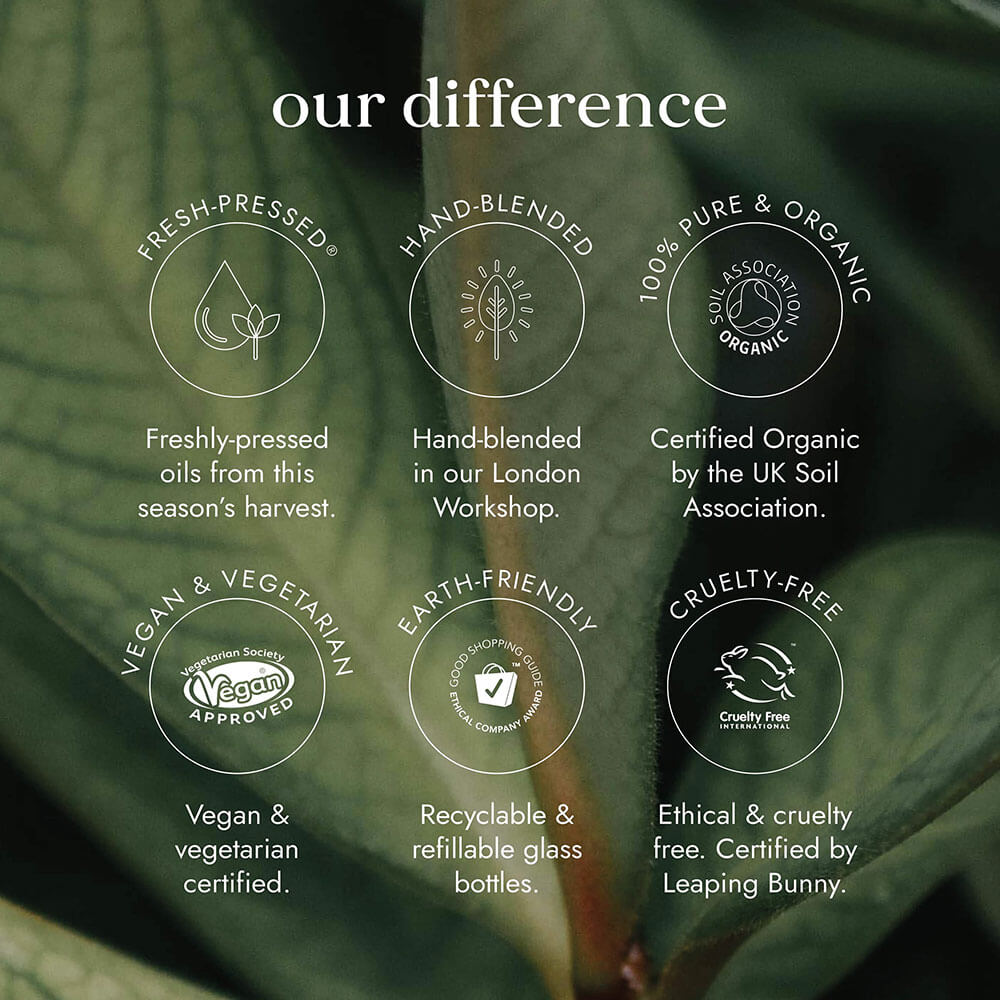 Promotional graphic highlighting the features of a brand with green leaves in the background.